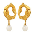 Retro Hypoallergenic Jewelry Irregular Hollow 18K Gold Plated Stainless Steel Freshwater Pearl Drop Earring for Women YF3314