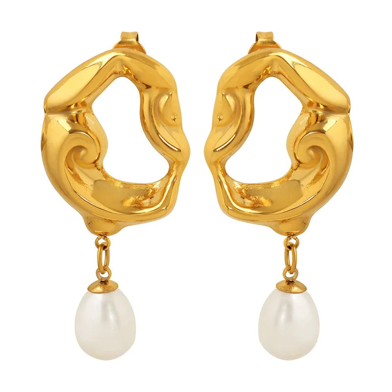 Retro Hypoallergenic Jewelry Irregular Hollow 18K Gold Plated Stainless Steel Freshwater Pearl Drop Earring for Women YF3314