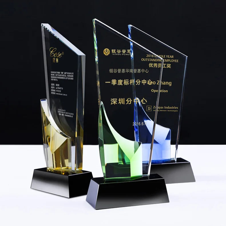 Customize Engraving Blue Yellow Green Red Curve Crystal Trophy Award MH-NJ00675