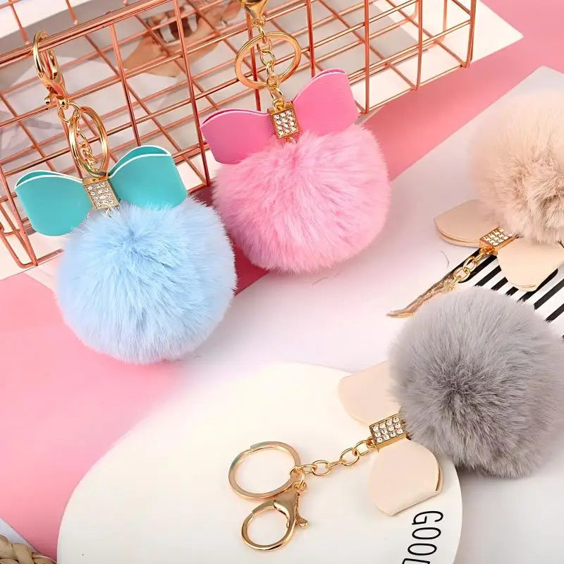 8cm Faux Rex Rabbit Fur Ball Keychain with Bowknot Aesthetic Coquette Bag Charm for Women Soft Fluffy Pom Pom Keyring Gift Bulk