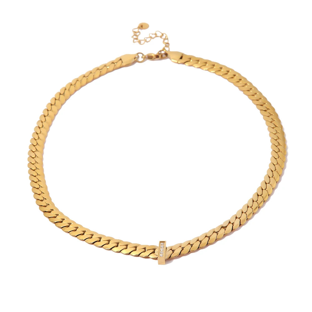 Geometric 18K PVD Gold Plated Stainless Steel Flat Cuban Chain Zircon Bar Pendant Necklace