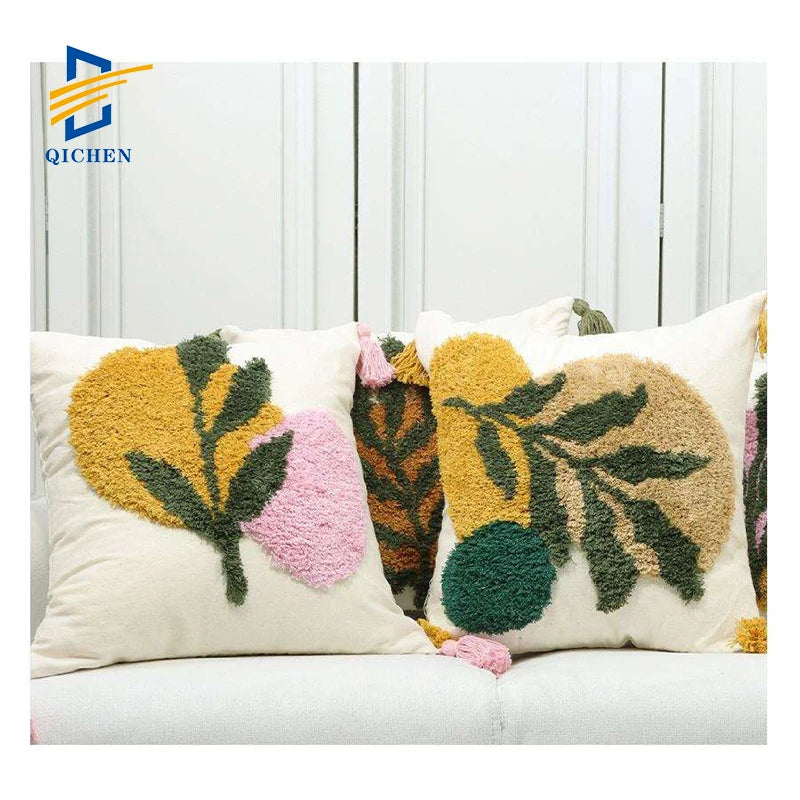 Wholesale Factory Customized Nordic Fashion Tufted Embroidery Floral Leaves Spring Throw Pillows Portable 100% Cotton Luxury
