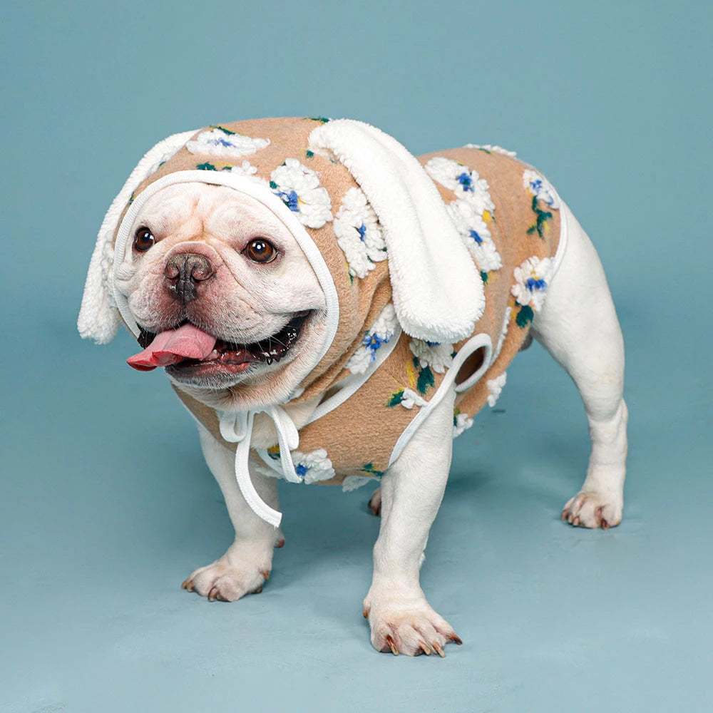 2023 New Arrivals Cute Winter Warm Fleece Flower French Bulldog Clothes French Bulldog Dog Coat with Rabbit Headgear Hat