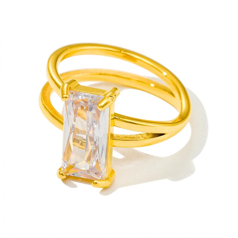 MICCI Wholesale 18K Gold Plated Stainless Steel Vintage Rectangle Cubic Zirconia Luxury Wedding Rings for Women