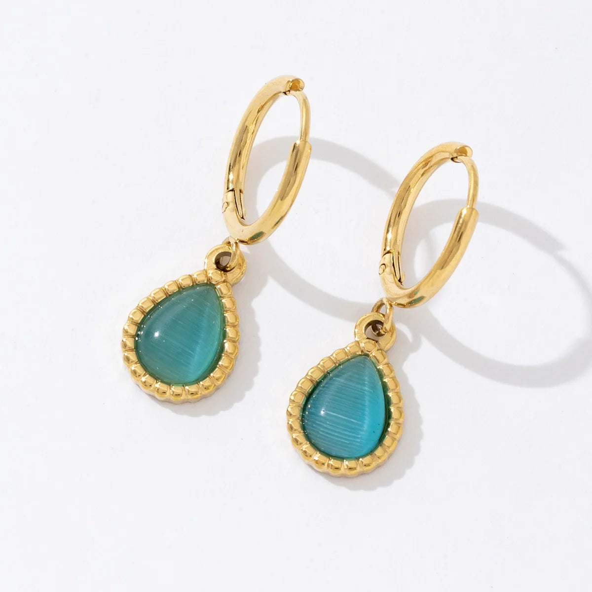 Hot Selling Fashion 18k Gold Plated Stainless Steel Blue Teardrop Cat's Eye Drop Earrings