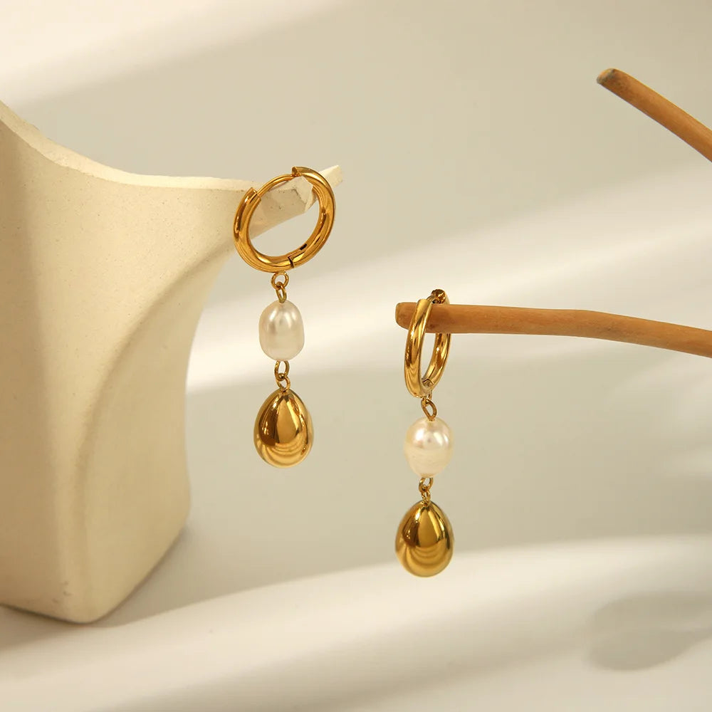 2024 New Design Stainless Steel PVD Pearl Water Drop Hoop Elegant 18K Gold Plated Long Dangle Earrings