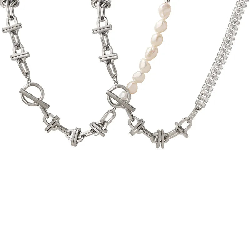 Hip Hop Stainless Steel Thick Heavy Zircon Choker Necklace 18k Gold Pvd Plated Freshwater Pearl Chokers Necklace
