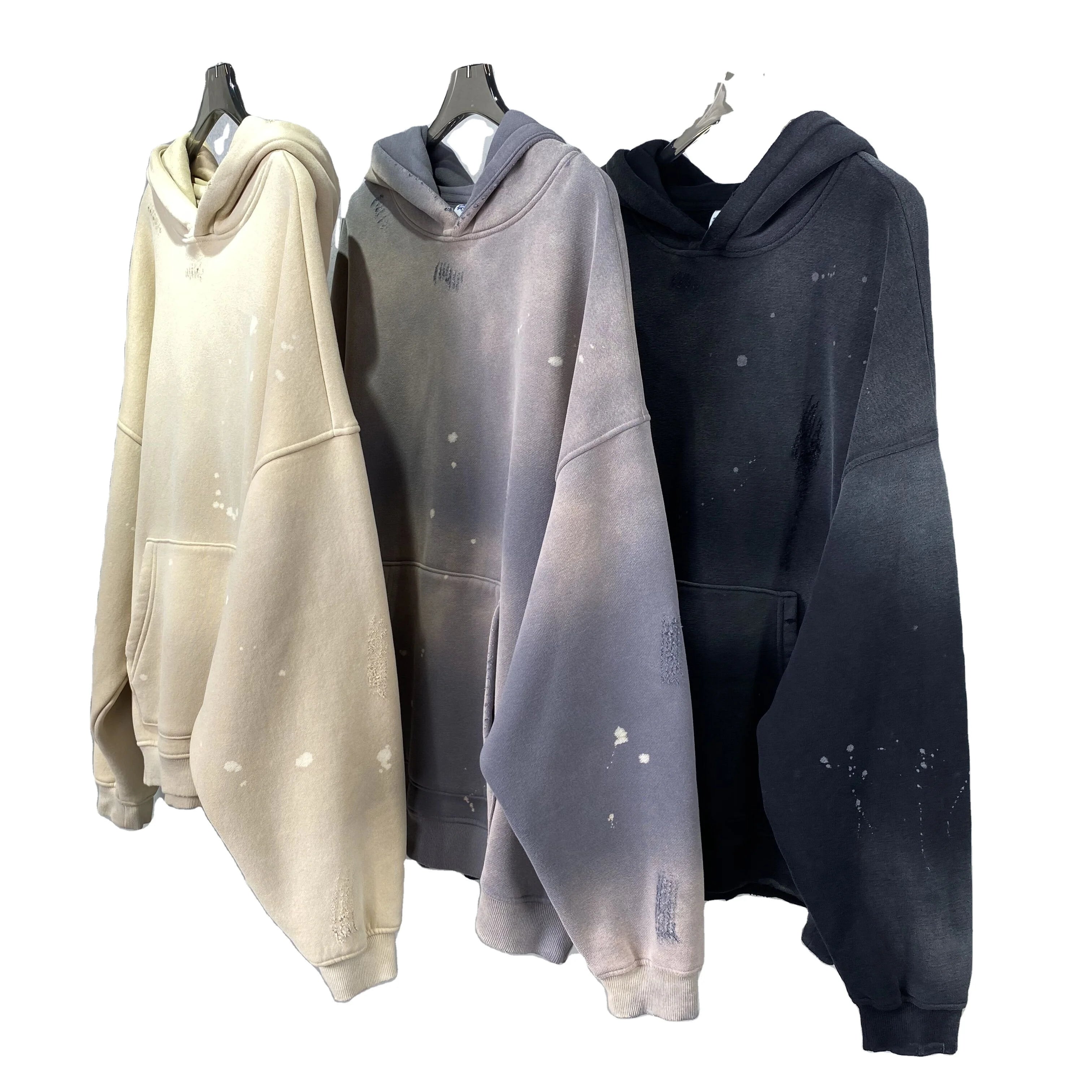 2023 Hot Selling Unisex Hooded Faked Tie-dye Sun Faded Fleece Boxy Fit Eco-Friendly Breathable Oversize Vintage Black Washed