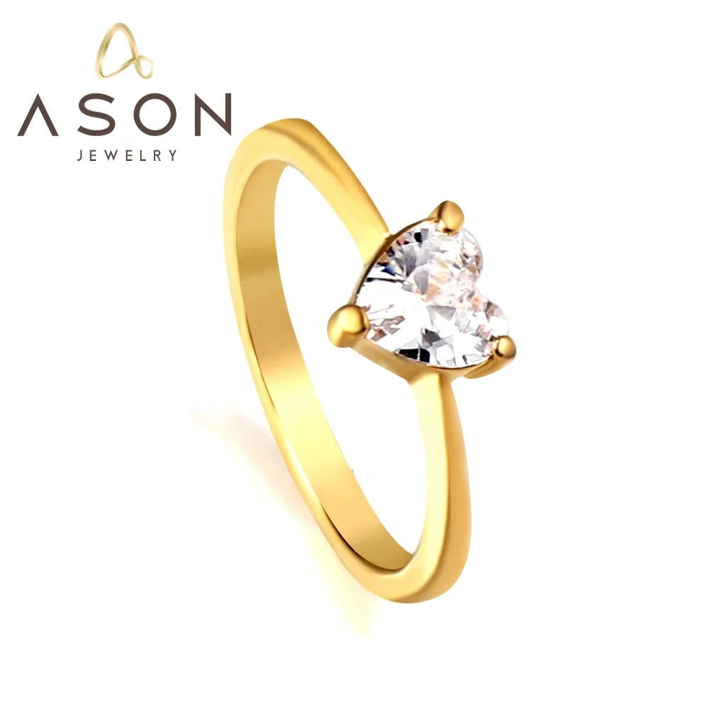 Ason Jewelry 18K Gold Plated Unique Wedding Ring Fashion Ladies Stainless Steel Heart Shaped Zircon Ring