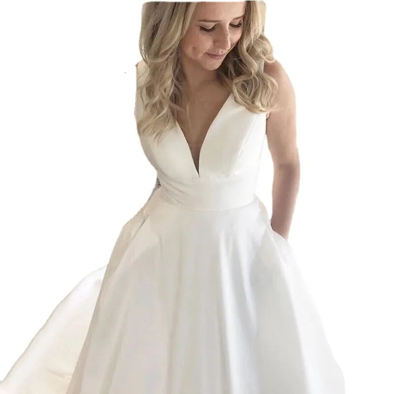 S1352F New Temperament Long Party Evening Dresses V-neck Sleeveless Satin Trailing Support Customization
