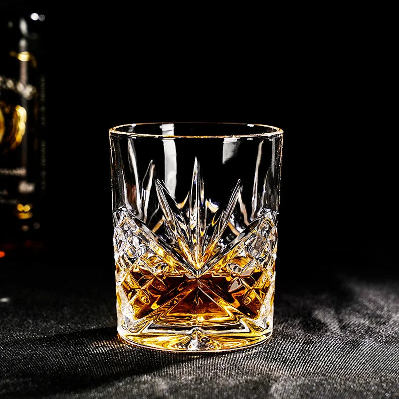 Hxglass Luxury Gold-Edged Relief Mini Crystal Whiskey Glass Cup 300ml 410ml Thick Reusable Old Fashion Glass for Brandy Wine Bar