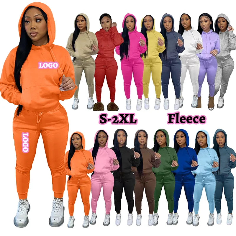 No MOQ Custom Logo Casual Drawstring Pantsuits Two-piece Set Pocket Hoodies Tops and Loose Long Sweatpants Set Women's Clothing