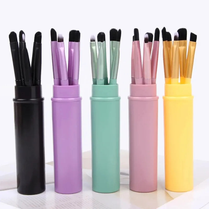 5pcs Round Barrel Eyes Makeup Brushes Set Portable Smudge Eye Shadow Eyeliner Eyebrow Brushes Lip Brush Makeup Tools