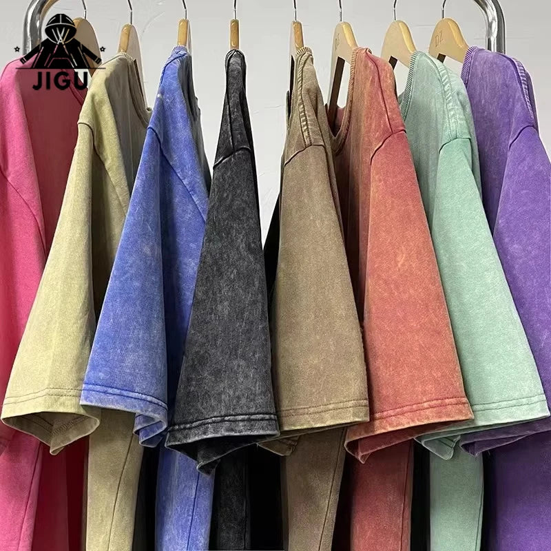 Vintage Acid Washed 250GSM 100% Cotton Oversized T-Shirt Men Custom Logo Distressed Heavyweight Blank Tee Short Pattern Type