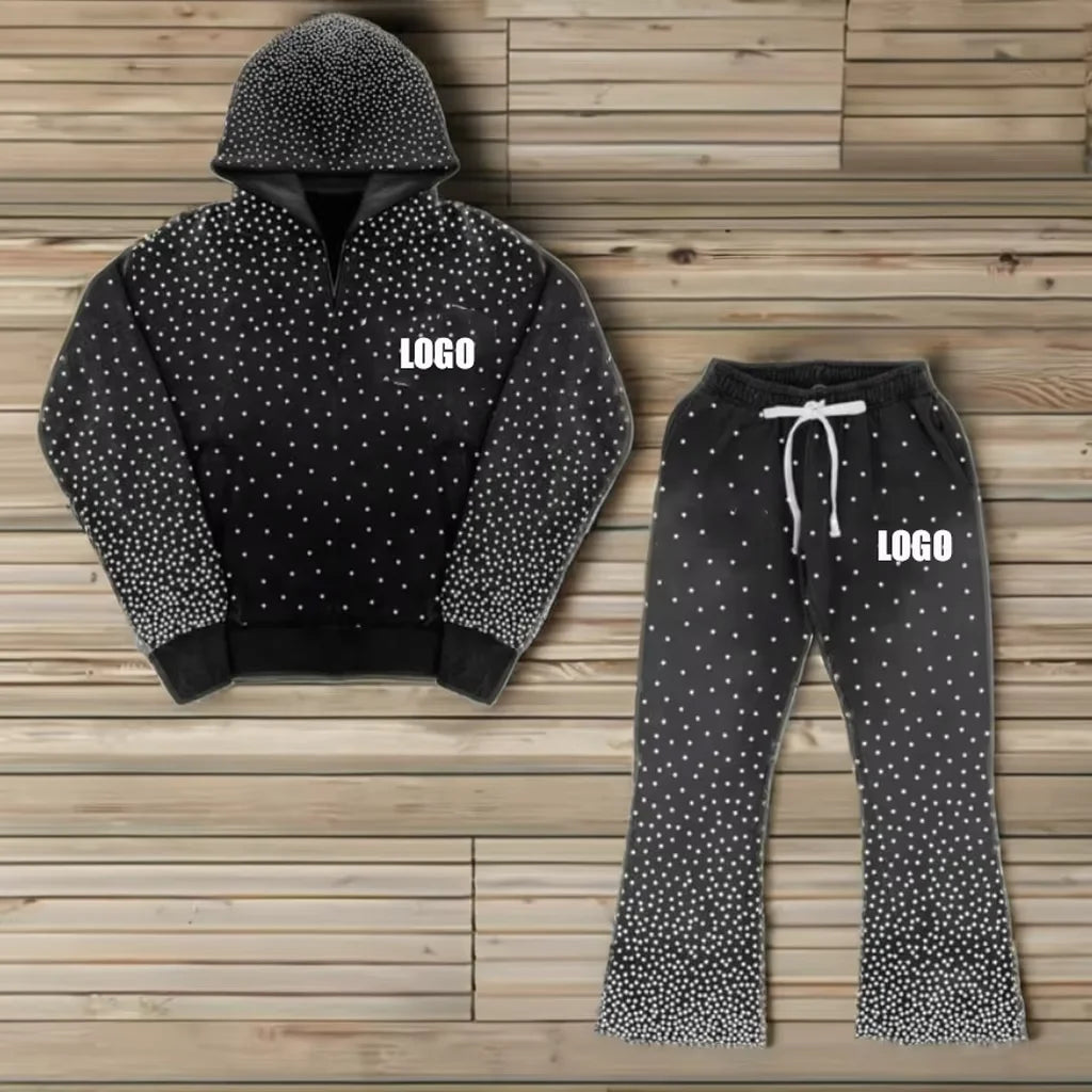 Y2K Streetwear Sun Faded Distress Acid Wash All Over Rhinestone Cropped Hoodie and Flared Sweatpants Set Tracksuit Sweat Suit
