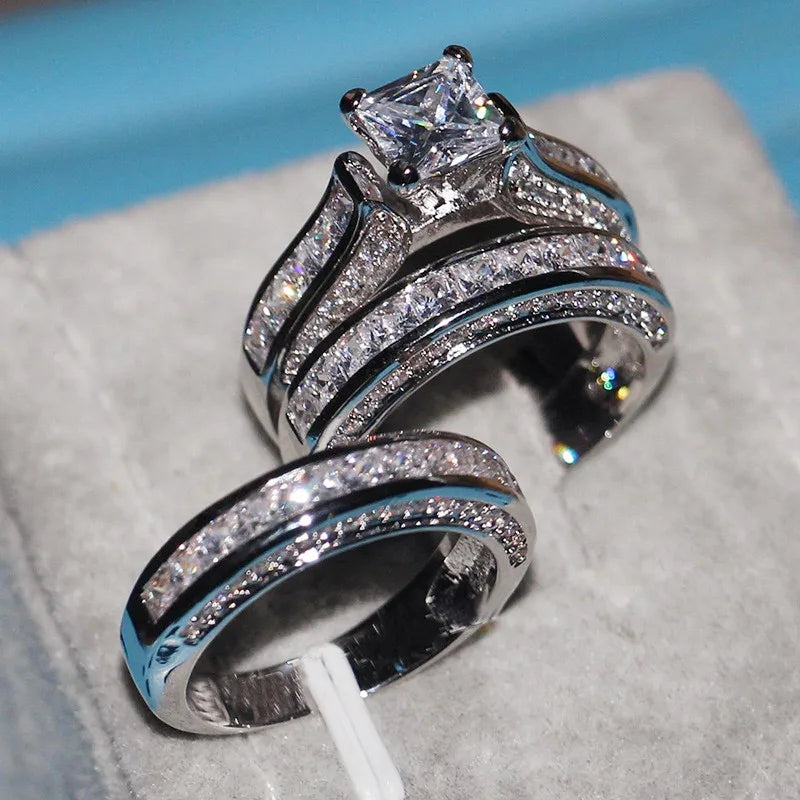 CAOSHI Luxury 3Pcs/Set Fashion Ring Set for Women Copper Jewelry Girls Female Engagement Wedding Cubic Zirconia Bridal Rings Set