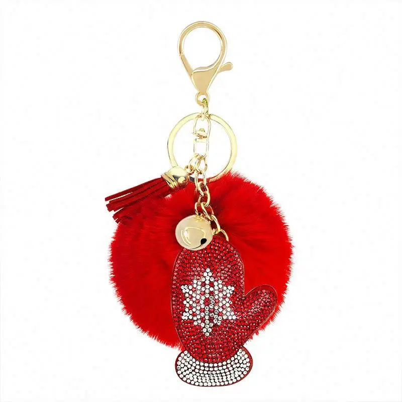 Women and Girls Christmas Key Chains Bling Gift Decorate Furry Puff Ball Faux Rabbit Pink Fur Ball Pom Pom Sequin Kids Keychain