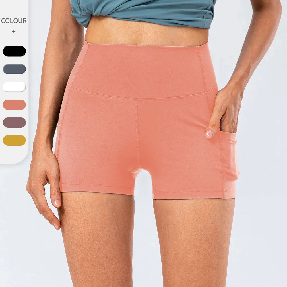 High-Waisted Sports Shorts with Pockets Yoga Sports Wear Running Shorts Solid Plain Short Yoga Pants for Outdoor Wear MegaBDM
