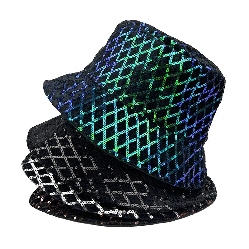 4 Colors Bling Bling Hats Glitter Bucket Hat for Women Fashionable Ladies Sparkle Shining Sequins Travel Beach Sun Hat