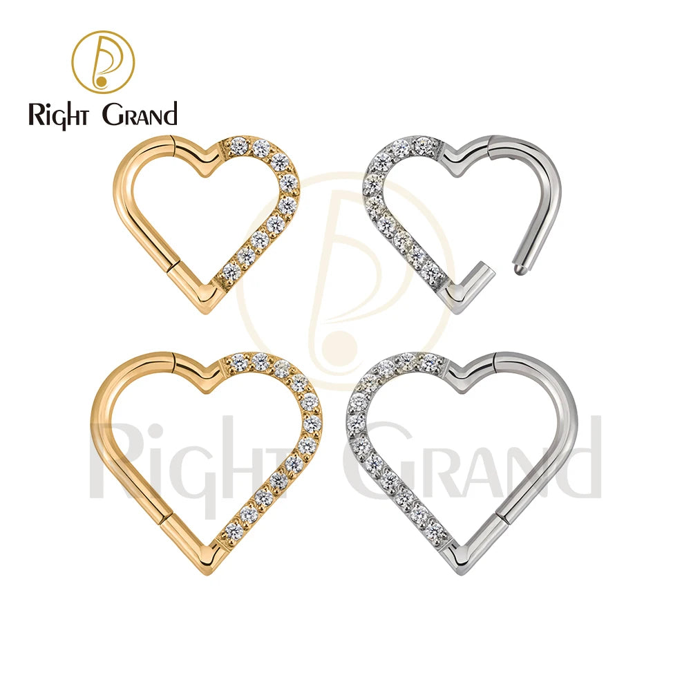 ASTM F136 Titanium Hoops CZ Earring Jewelry Heart Shape Daith Hinged Hoop Clicker Ring