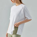 Women's Oversized Workout T-Shirts Loose Fit Short Sleeve Polyester Gym Shirts Running Basic Tee Tops With Side Slit Hem