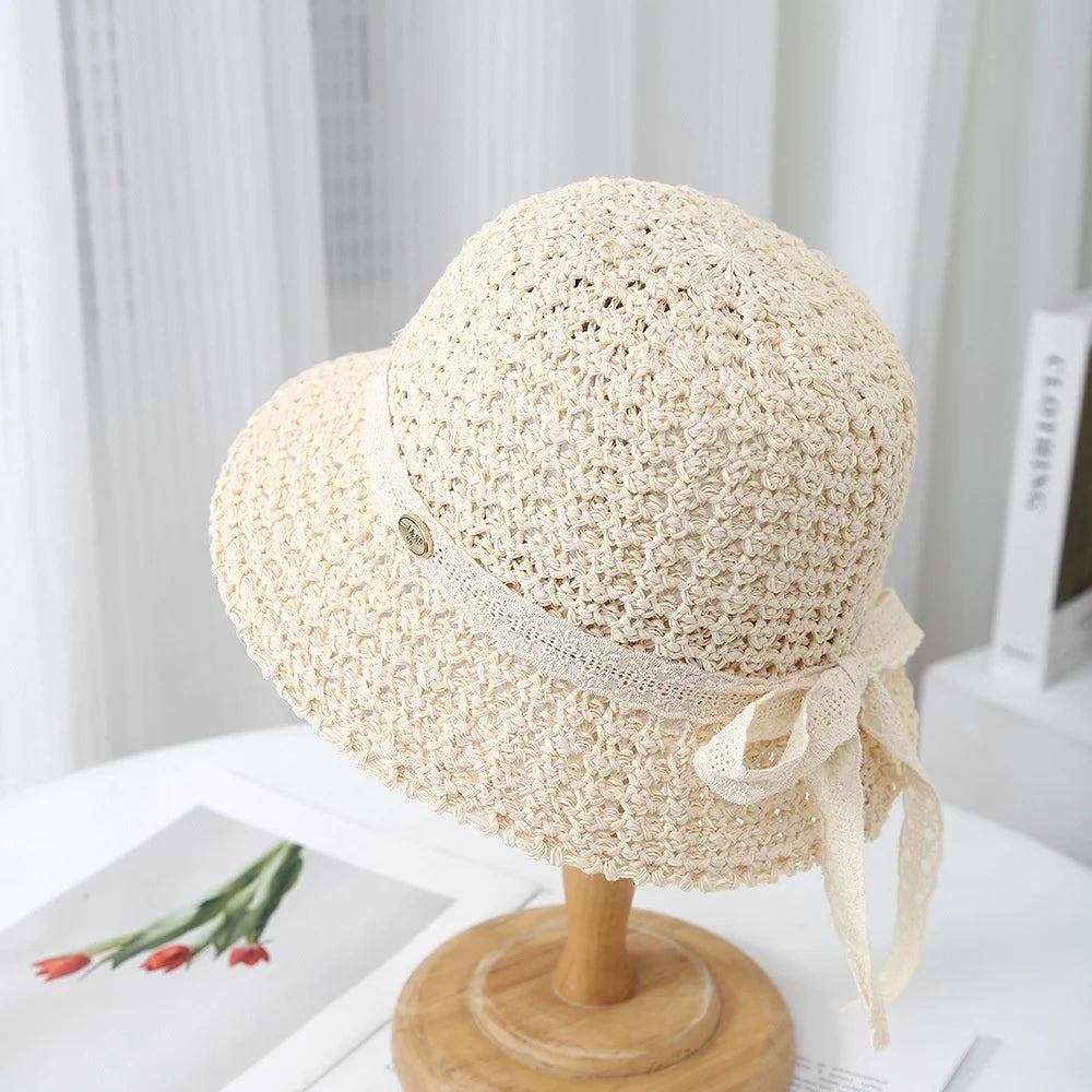 2025 New Women Pastoral Style Bucket Straw Hat Lace Ribbon Bowknot Spring Summer Casual Beach Sun Hat