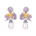 Elegant Earrings Design Cubic Zirconia Women Flower Pearl Dangle Drop Purple Earrings for Lady Jewelry Accessories