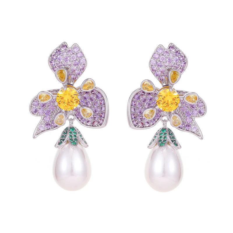 Elegant Earrings Design Cubic Zirconia Women Flower Pearl Dangle Drop Purple Earrings for Lady Jewelry Accessories