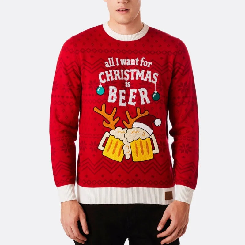 Custom Wholesale Funny 100%acrylic Knitting Novelty Men's Beer Ugly Christmas Sweater New Year Jumper