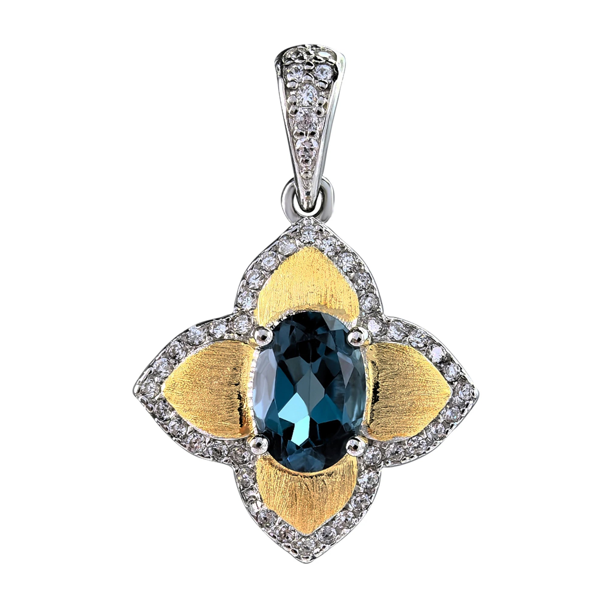 Elegant Rhodium and Gold Plated 925 Sterling Silver Natural London Blue Topaz Four Leaf Clover Pendant for Women Fine Pendants