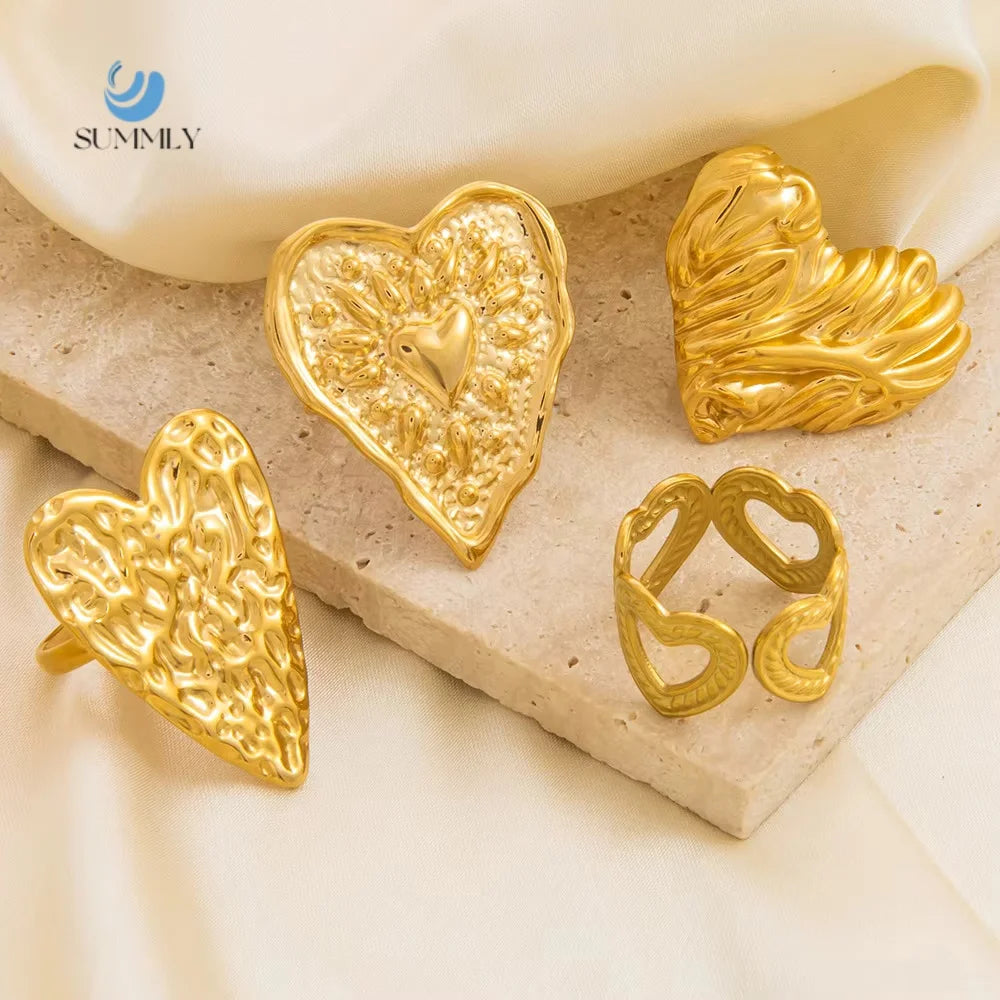 SUMMLY Vintage Wholesale Personalized Minimalist Heart Irregular Texture 18K Gold Plated Stainless Steel Adjustable Open Ring