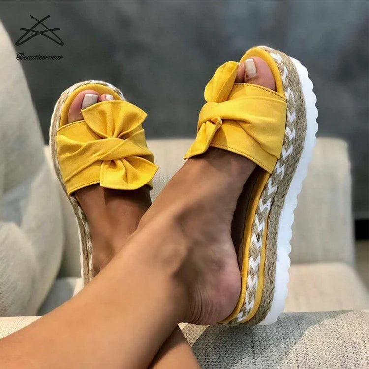 Plus Size New Style Fashion Bohemian Thick Sole Women Outdoor Rubber Platform Bow Knot Ladies Slide Sandal Shoes