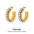 Classic Shiny White Zirconia Inlaid Stainless Steel Hoop Earrings Exquisite PVD Gold Plated Ear Accessories