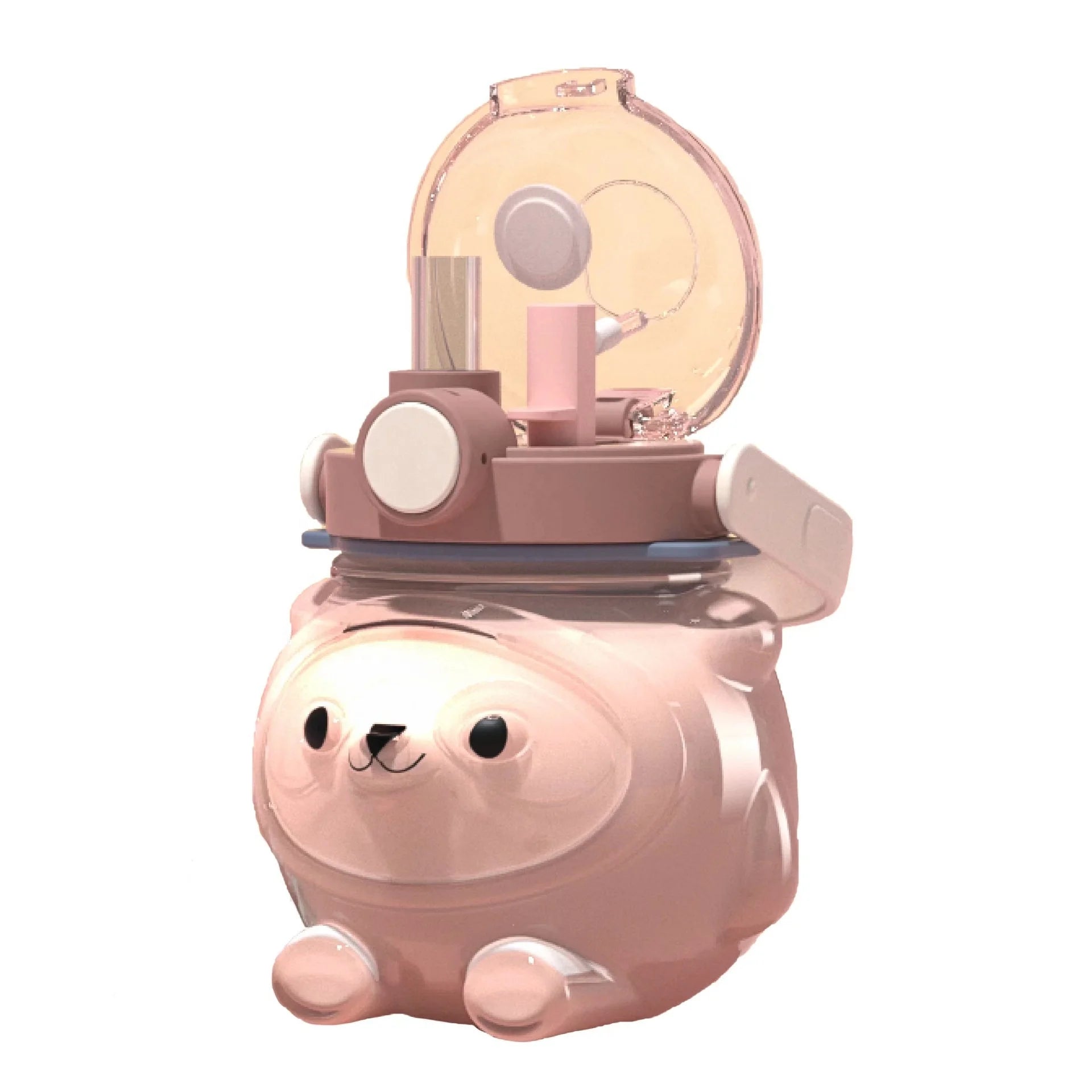 Madou 1000ml Large Capacity Cute Bear Design Sport Water Cup with Creative Straw Portable Strap Water Belly Bottle for Children