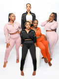 Autumn Women Casual 2 Piece Set Zipper Long Sleeve Turndown Neck Crop Top Full Pants Streetwear Matching Suits