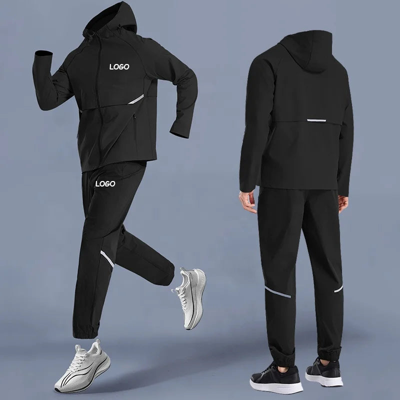 Men's Outdoor Windproof Jacket 2 Piece Reflective Zip up Nylon Streetwear Set Lightweight Water-Resistant Hooded Sport Tracksuit