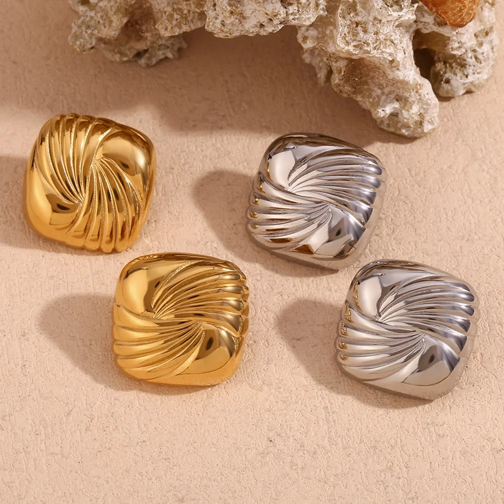 Dreamshow Square Engraved Wing Stud Earrings Gold Plated Statement Jewelry Stainless Steel Earrings
