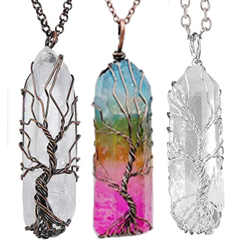 Wholesale Hexagonal Crystal Necklace 7chaka Rainbow Stone Tree of Life Pendant Necklace for Women