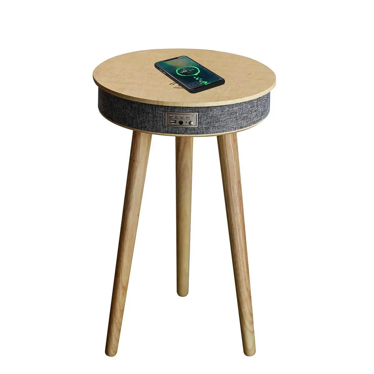 HOMEMORE Smart Modern Wood Round Speaker Side Bedside Table Charger Speaker Table With Wireless Charging