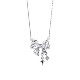 SC Jewelry Korean Heart White Zirconia Star Bow Knot Necklace Hypoallergenic 925 Sterling Silver Bow Pendant Necklace for Gifts