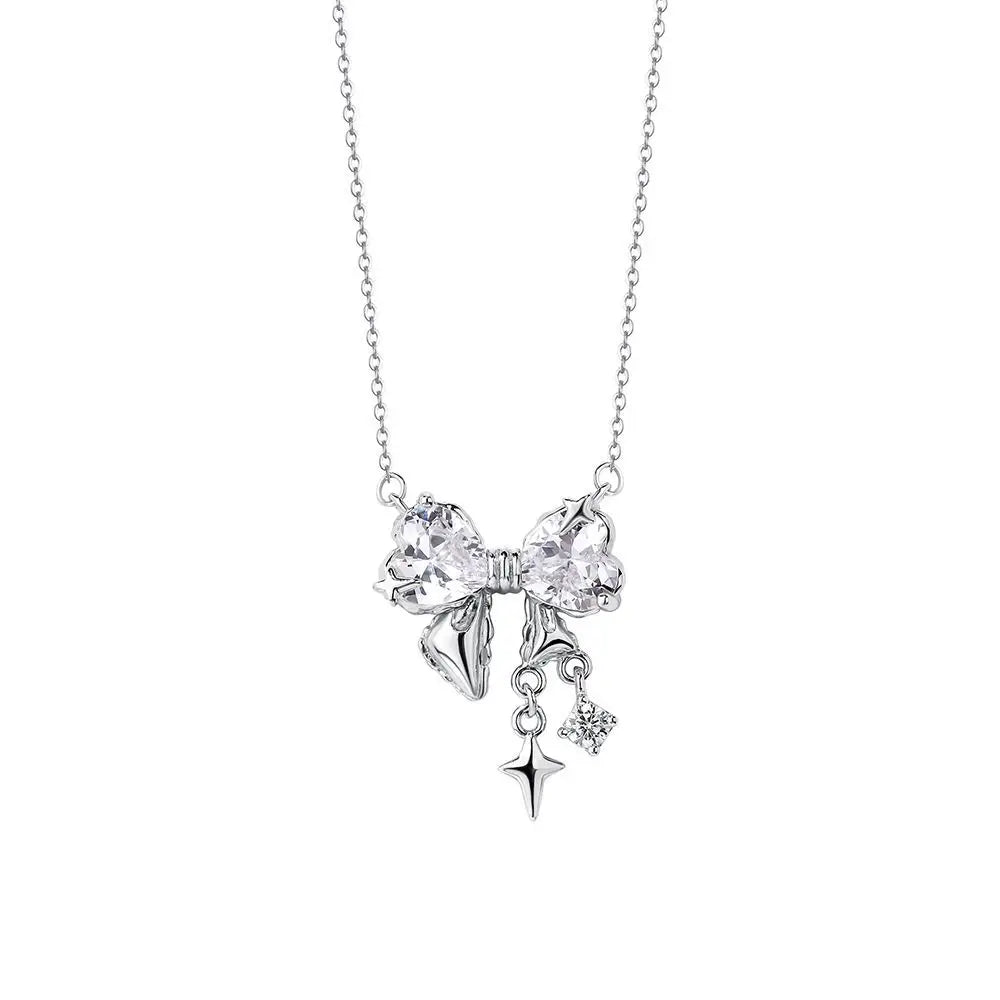 SC Jewelry Korean Heart White Zirconia Star Bow Knot Necklace Hypoallergenic 925 Sterling Silver Bow Pendant Necklace for Gifts