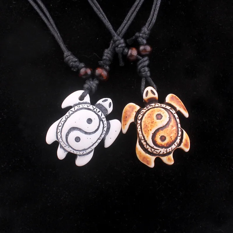 Handmade Braided Rope Adjustable Necklace Yin Yang Tortoise Shell Pendant Necklace Artificial Bone Carving Sea Turtles Necklace