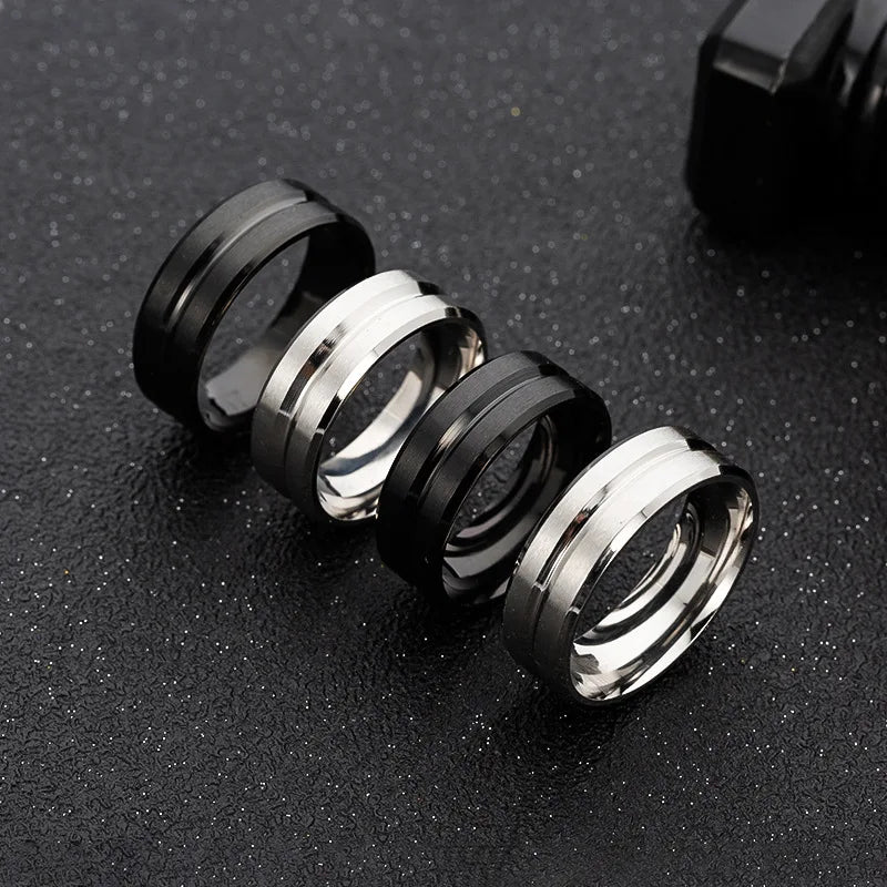 8MM Wide Middle Groove Frosted Men's Stainless Steel Ring Popular Simple Jewelry Ring