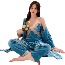 Latest Design Velvet Sleepwear 3 Piece Pajamas Women Lace Nightgown and Robe Set