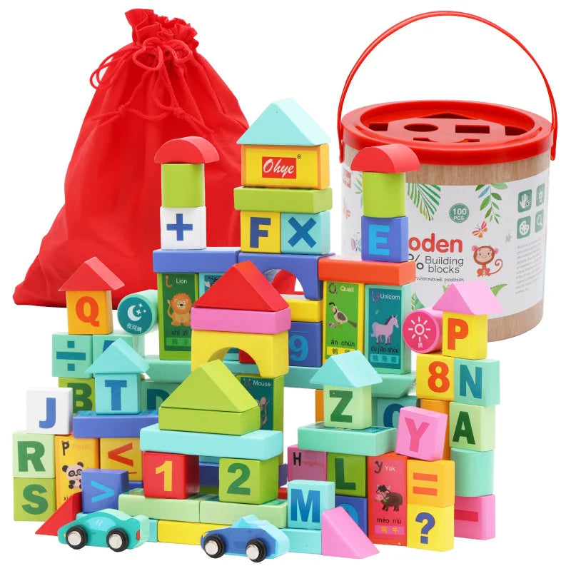 2024 New Solid Wood 100 Pieces DIY Stacking Building Block Set Car Letter Figure Educational Learning Toys for Kids Boys Girls