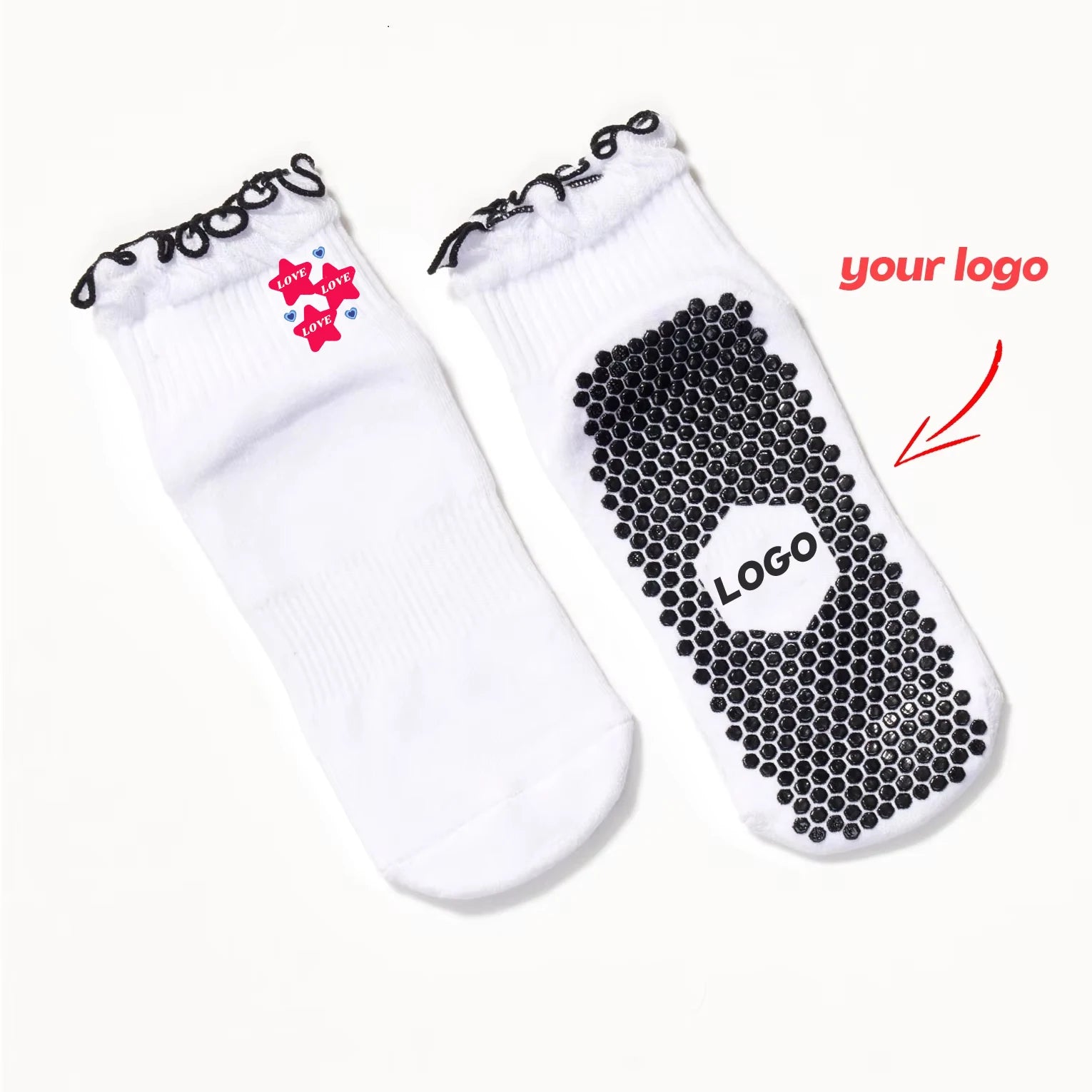 Trim Ruffle Top Ribbed Grip White Anti Skid Gripper No Slip Pilates Barre Dance Frilly Yoga Socks for Women in Custom logo