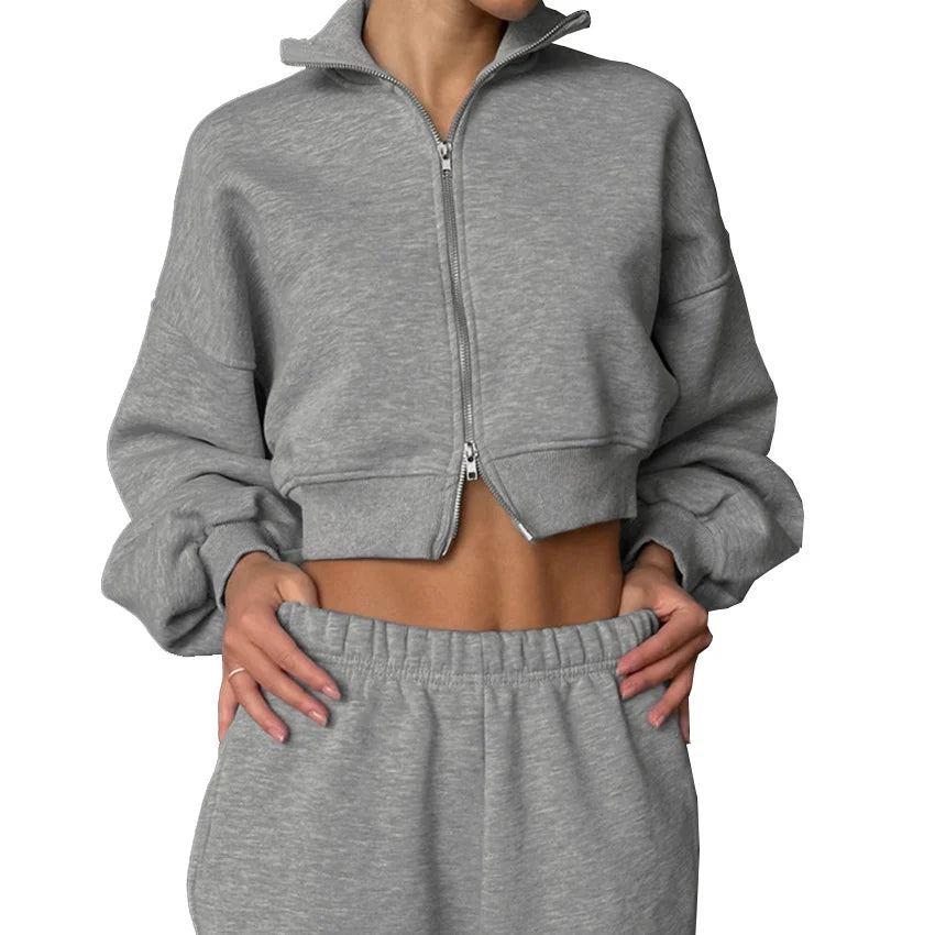 Custom Women's Winter Thick 2-Piece Sweatsuit Casual Fitness Hoodie and Short Pants Solid Pattern Two-Piece Sets Tracksuit