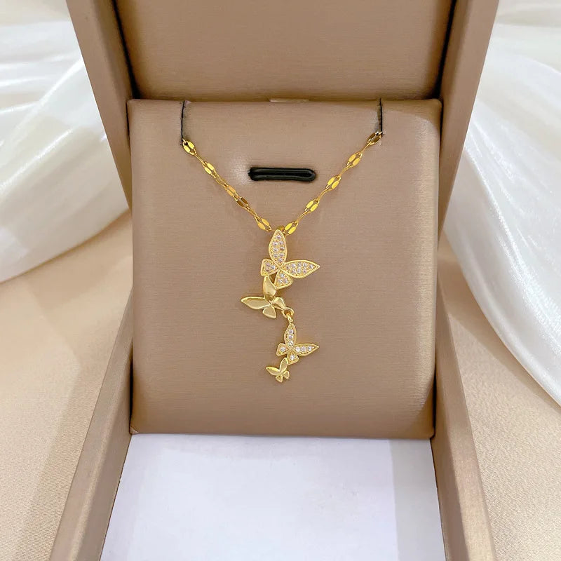Titanium Steel Butterfly Tassel Zircon Pendant Necklace Charm Choker Chain for Women Wedding Engagement Stainless Steel Jewelry
