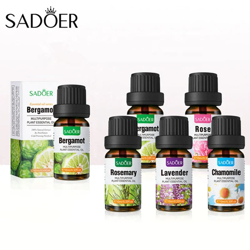 SADOER 10ml Skin Hair air Purifier Rose Rosemary Bergamot Chamomile Lavender Essential Oil Aromatherapy Oil for Aroma Diffuser