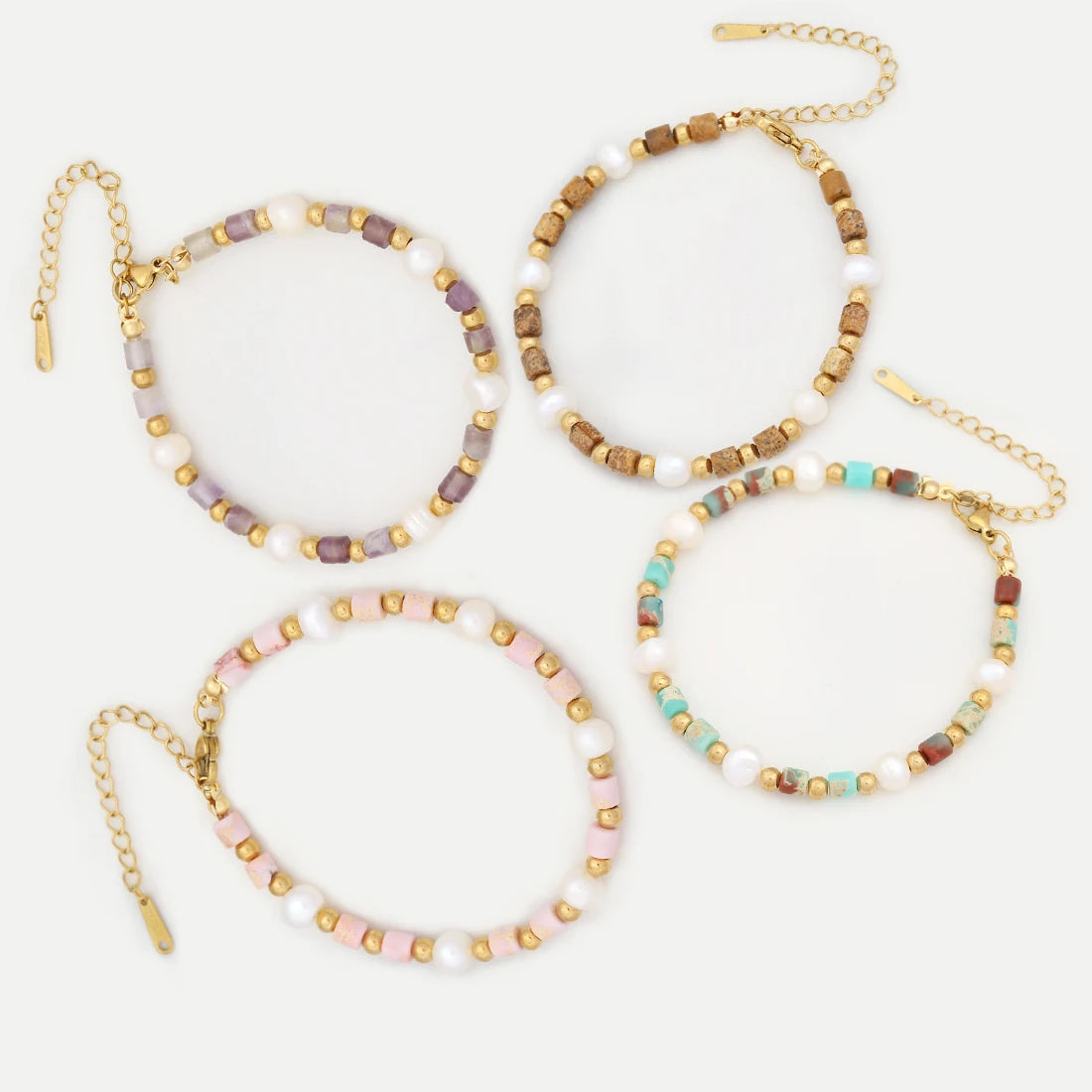 Gold Plated Bohemian Freshwater Pearl Bracelet Geometric Stainless Steel Beads Stretch Daily Summer Women Jewelry